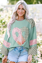 Load image into Gallery viewer, Heart Plaid Round Neck Long Sleeve Blouse
