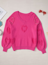 Load image into Gallery viewer, Pearl Trim Heart V-Neck Sweater