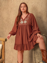 Load image into Gallery viewer, Plus Size Embroidered Tie Neck Balloon Sleeve Mini Dress