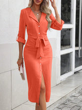 Load image into Gallery viewer, Tied Button Up Collared Neck Roll-Tab Sleeve Dress
