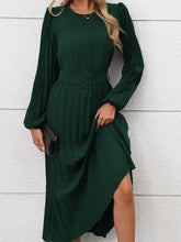 Load image into Gallery viewer, Perfee Pleated Round Neck Long Sleeve Midi Dress
