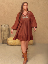 Load image into Gallery viewer, Plus Size Embroidered Tie Neck Balloon Sleeve Mini Dress
