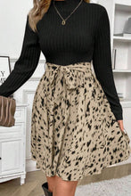 Load image into Gallery viewer, Printed Tie Waist Mock Neck Long Sleeve Dress
