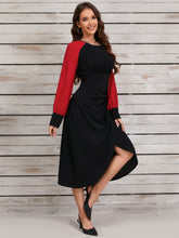 Load image into Gallery viewer, Ruched Contrast Long Sleeve Midi Dress
