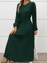 Load image into Gallery viewer, Perfee Pleated Round Neck Long Sleeve Midi Dress
