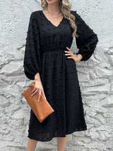 Load image into Gallery viewer, Full Size Swiss Dot V-Neck Long Sleeve Midi Dress
