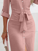 Load image into Gallery viewer, Tied Button Up Collared Neck Roll-Tab Sleeve Dress
