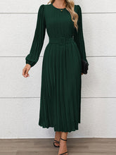 Load image into Gallery viewer, Perfee Pleated Round Neck Long Sleeve Midi Dress
