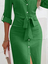 Load image into Gallery viewer, Tied Button Up Collared Neck Roll-Tab Sleeve Dress
