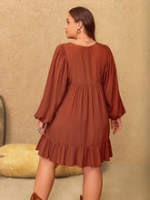 Load image into Gallery viewer, Plus Size Embroidered Tie Neck Balloon Sleeve Mini Dress
