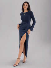 Load image into Gallery viewer, Split Round Neck Long Sleeve Midi Dress
