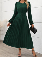 Load image into Gallery viewer, Perfee Pleated Round Neck Long Sleeve Midi Dress
