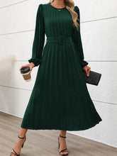 Load image into Gallery viewer, Perfee Pleated Round Neck Long Sleeve Midi Dress
