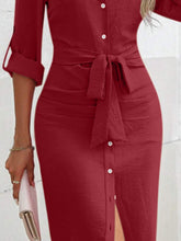 Load image into Gallery viewer, Tied Button Up Collared Neck Roll-Tab Sleeve Dress
