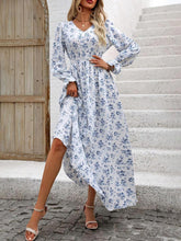 Load image into Gallery viewer, Smocked Printed V-Neck Flounce Sleeve Dress
