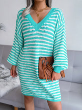 Load image into Gallery viewer, Striped V-Neck Long Sleeve Mini Sweater Dress
